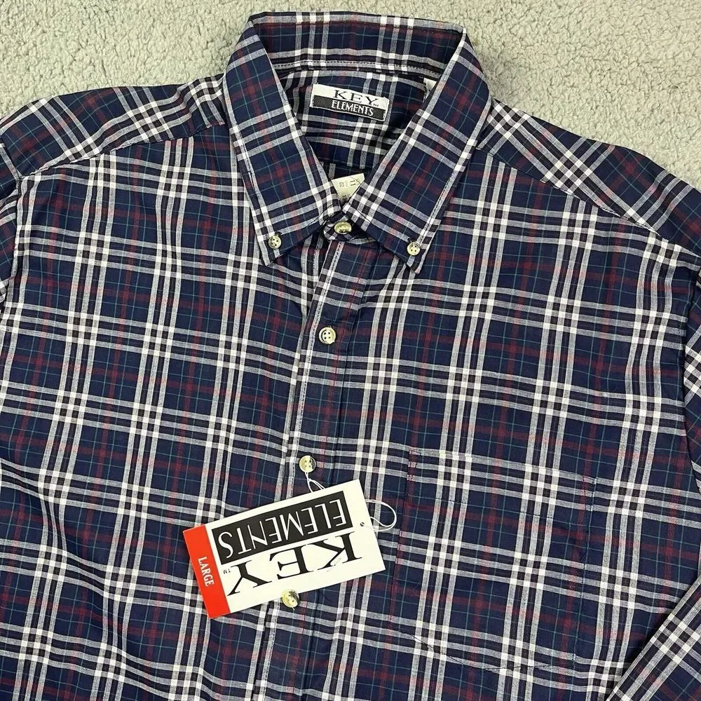 Vintage Key Elements 90's Button Shirt Plaid Blue‎ Red White Long Sleeve Lg NOS